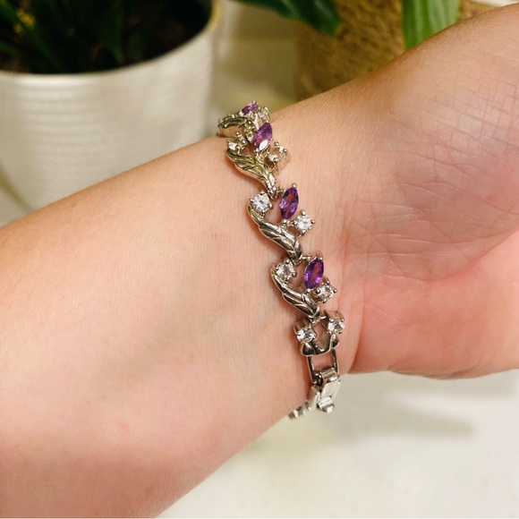 Vintage Gem Watch Sterling Silver Mother Of Pearl Face Amethyst Bracelet 7.5” - Picture 3 of 11